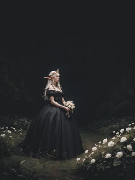 a woman in a black dress standing in a field of flowers