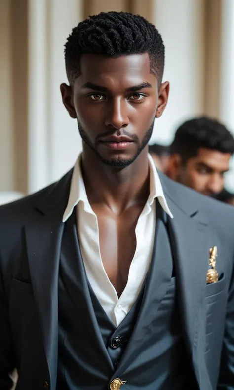 a close up of a man in a suit and tie standing