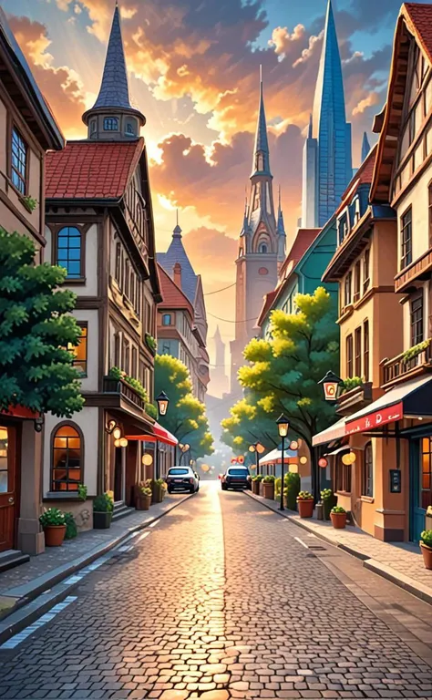 a painting of a street with a church in the background