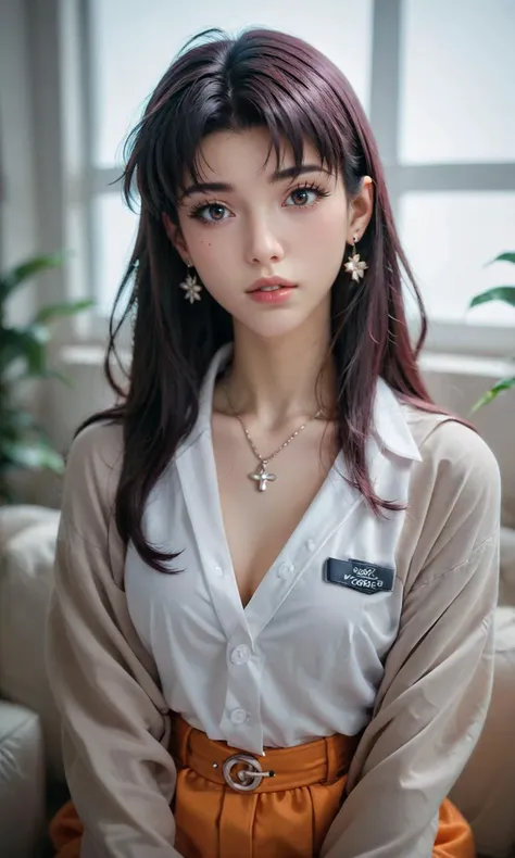 a woman with long hair sitting on a couch wearing a white shirt