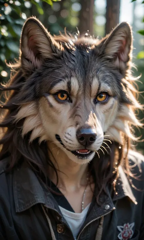 arafed wolf with long hair and a leather jacket on