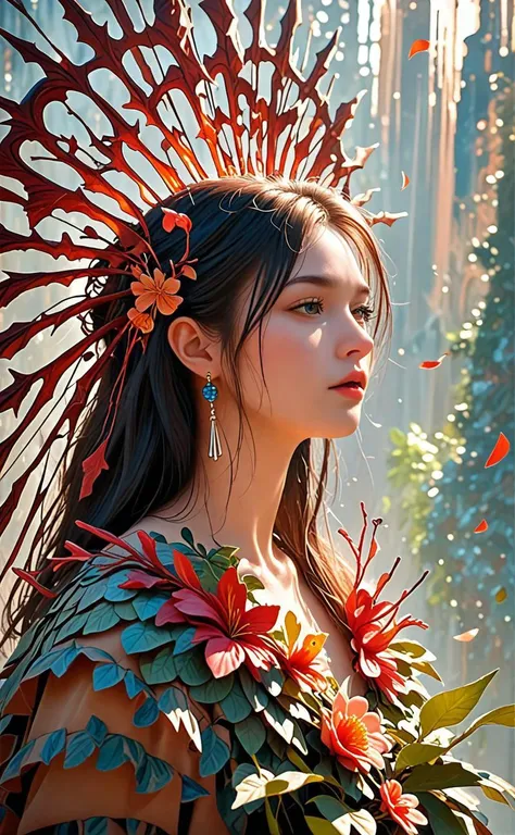 arafed woman in a feathered headdress with flowers and leaves