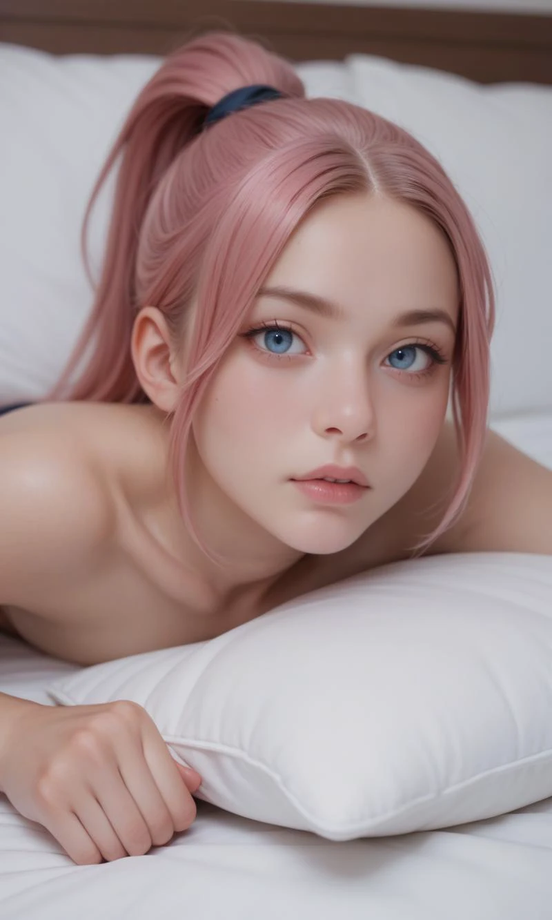 score_9, score_8_up, score_7_up, 1girl, pink hair, ponytail, blue eyes, on bed, on stomach, pillow, face focus