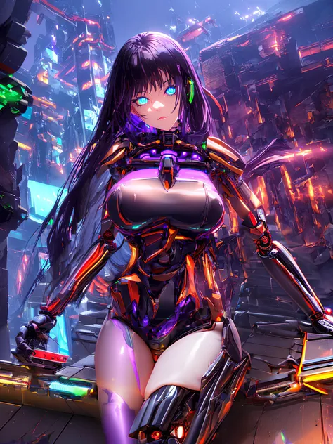 a woman in a futuristic suit standing in front of a futuristic city