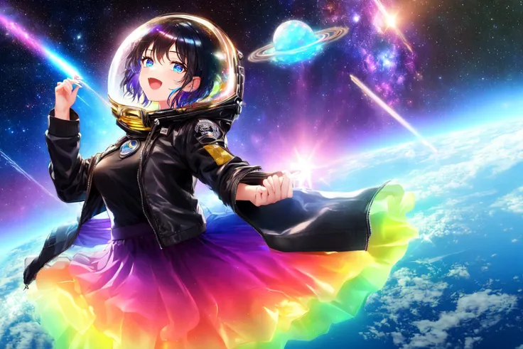 1girl, masterpiece, extremly detailed, (beautiful detailed glow), lens flare, black hair, black jacket, open jacket, ((space helmet)), leather jacket, colorful shirt, cowboy shot, nebula, space, universe, girl floating on universe, gradient eyes, colorful,...