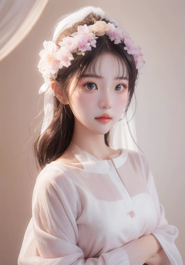 a young girl wearing a white dress and a flower crown