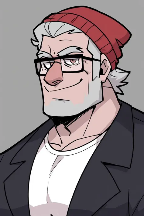 score_9, score_8_up, score_7_up, Helltaker style, stanpines, solo, male focus, cowboy, mature male, old man, short hair, grey hair, brown eyes, thick eyebrows, glasses, black-framed eyewear, facial hair, stubble, sideburns, smile, red beanie, white t-shirt...