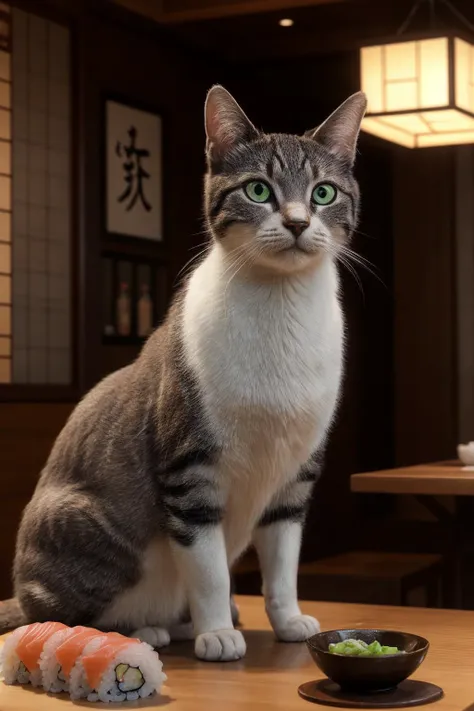 Beautiful Cat, at a sushi restaurant, sushi, sashimi, rice, Photorealistic, Ultra Detailed, Intricate Detail, 8k, Super Detailed, Volumetric, HDR, Realistic, Unreal Engine, 16k, (((Clear Focus))), Octan render, Highest Quality, RAW Photo, Cinematic Composi...