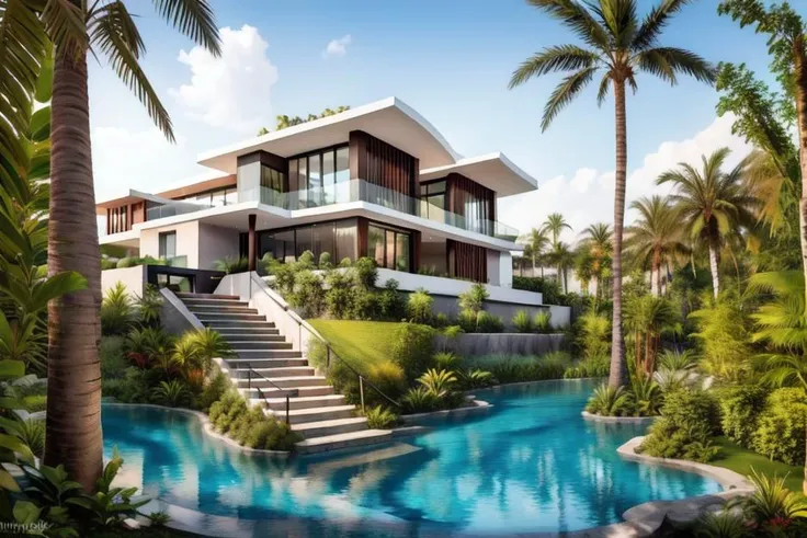 (raw photo), (very realistic:1), 8k uhd, dslr, high quality, fuji film xt3,
tropical architect, villa modern style exterior,white wall,
sun light, beautiful sky, <lora:Tropicalarchitect:0.6>, tropical architect, villa modern style exterior,white wall, (...