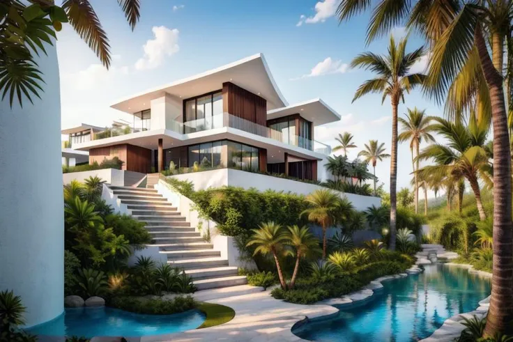 (raw photo), (very realistic:1), 8k uhd, dslr, high quality, fuji film xt3,
tropical architect, villa modern style exterior,white wall,
sun light, beautiful sky, <lora:Tropicalarchitect:0.6>, tropical architect, villa modern style exterior,white wall, (...