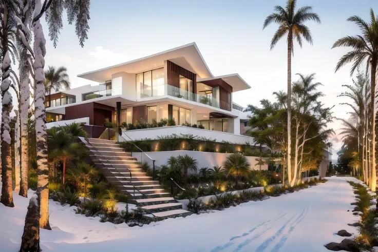 (raw photo), (very realistic:1), 8k uhd, dslr, high quality, fuji film  xt3,
 tropical architect, villa modern style exterior,white wall, 
sun light, beautiful sky
((winter snow white:1.2)), <lora:Tropicalarchitect:0.6>, tropical architect, villa modern st...