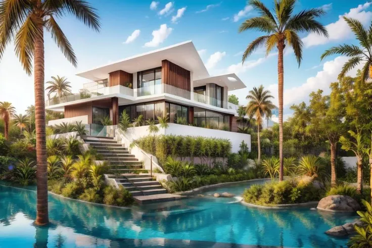 (raw photo), (very realistic:1), 8k uhd, dslr, high quality, fuji film xt3,
tropical architect, villa modern style exterior,white wall,
sun light, beautiful sky, <lora:Tropicalarchitect:0.6>, tropical architect, villa modern style exterior,white wall, (...