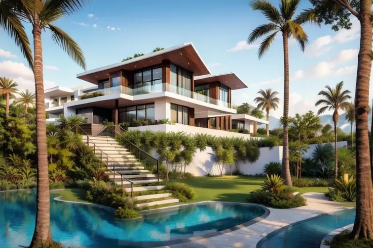 (raw photo), (very realistic:1), 8k uhd, dslr, high quality, fuji film xt3,
tropical architect, villa modern style exterior,white wall,
sun light, beautiful sky, <lora:Tropicalarchitect:0.6>, tropical architect, villa modern style exterior,white wall, (...
