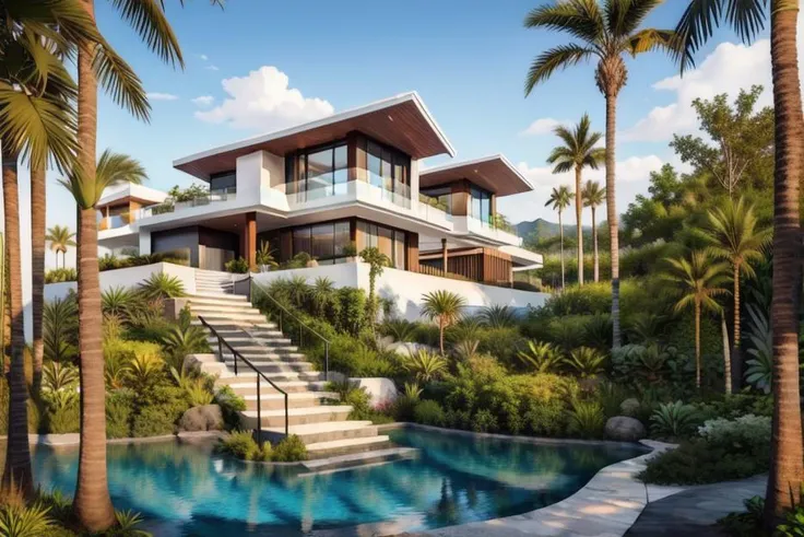 (raw photo), (very realistic:1), 8k uhd, dslr, high quality, fuji film xt3,
tropical architect, villa modern style exterior,white wall,
sun light, beautiful sky, <lora:Tropicalarchitect:0.6>, tropical architect, villa modern style exterior,white wall, (...