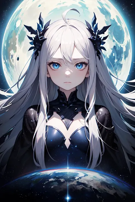 a woman with long white hair and blue eyes standing in front of a full moon