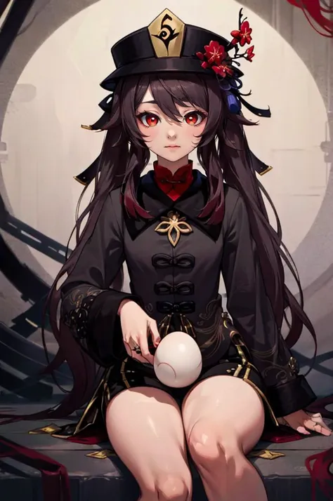 <lora:incubation-001_0.5:1> incubation, a girl, hold egg, monster egg, <lora:Hu_Tao_Genshin:0.75> Hu_Tao_Genshin, 1girl, solo, long hair, red eyes, brown eyes, flower-shaped pupils, twintails, hu tao (genshin impact), hat, long sleeves, hat flower, jewelry...