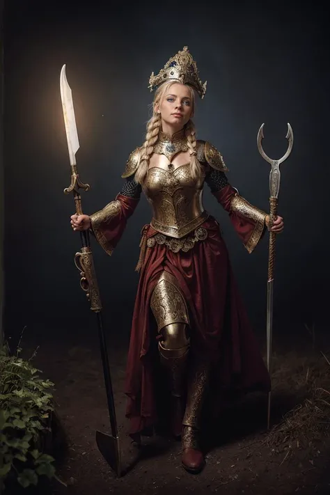 (dynamic pose:1.2),(dynamic camera),,photo RAW,((photography, art retouch, photo surrealism),
a small,  old, ugly, 
1girl, cowboy shot of beautiful blonde lady, holding polearm, spear, blue eyes, breastplate, ornate white heavy armor, red pauldrons, braid,...