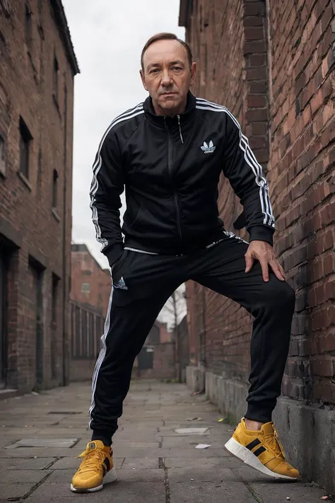 arafed man leaning against a brick wall in a black track suit