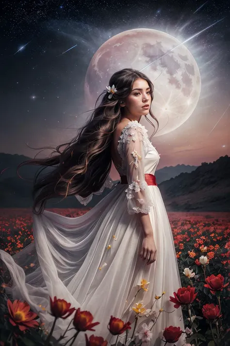 (analog photo:1.2),((dynamic pose:1.2),(dynamic camera),(art retouch),fantasy style, On the moon full of Crimson flowers, an young woman with long lace dress, long hair,walking happily on the flowers moon, looking to camera, The background is the space bac...