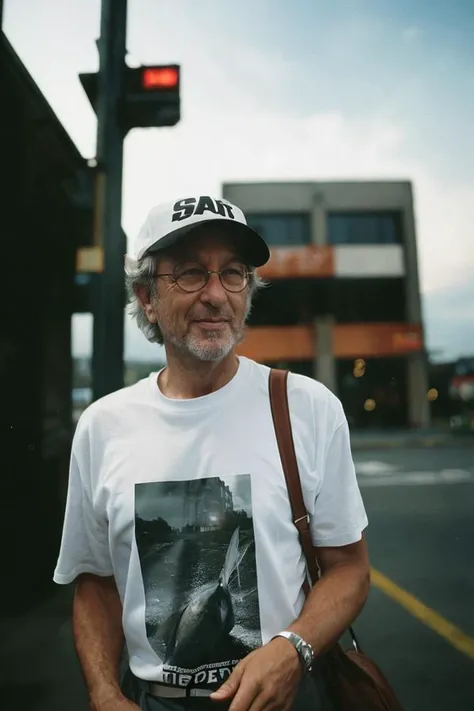 (analog photo:1.2),((amateur photo:1.3,art retouch,90s flash photo, analogue photo),
close-up portrait funny Steven Spielberg wearing random clothing, walks with bags from the store
 <lora:90sflash_v2:0.7>, (16mm lens low wide-angle,(fish-eye:0.8)),(move n...