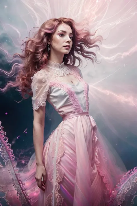 (analog photo:1.2),((dynamic pose:1.2),(dynamic camera,art retouch),(waist-length portrait, a woman wearing a purple dress and a tia tia),(long ginger red curly wind floating hair),posing for fashion,(look to camera),(intricate (pink lace) volumetric glowi...