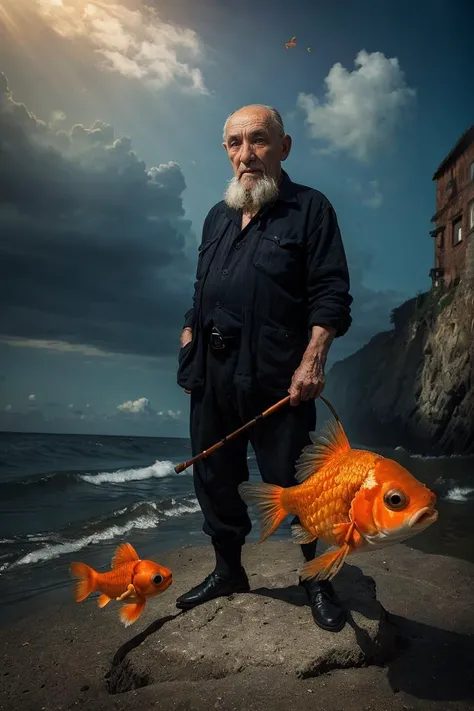 (dynamic pose:1.2),(dynamic camera),,photo RAW,((photography, art retouch, photo surrealism),
a small,  old, ugly, 
close-up old peasant grandfather stands on the ocean shore and (holds a one goldfish in his hand near his face)
, hyperrealistic, high detai...