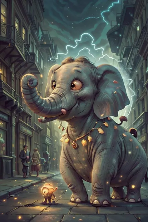 (close-up:1.3) elephant, on A bustling, old-world London street, nature, (natural elements), (particle effects),glow sprite, with a glowing