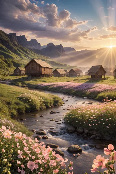 photo RAW,((spring:1.3) ,sunrise,(sunrays),hills and a wooden village on river, (Sweet Pea flowers on foreground), sunrays, lens flare, 4k highly detailed digital art, 8k hd wallpaper very detailed, impressive fantasy landscape, sci-fi fantasy desktop wall...