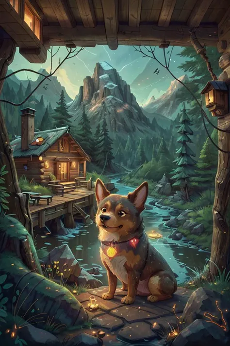 (close-up:1.3) dog, on A cozy, rustic mountain cabin with a view of a tranquil river, nature, (natural elements), (particle effects),glow sprite, with a glowing