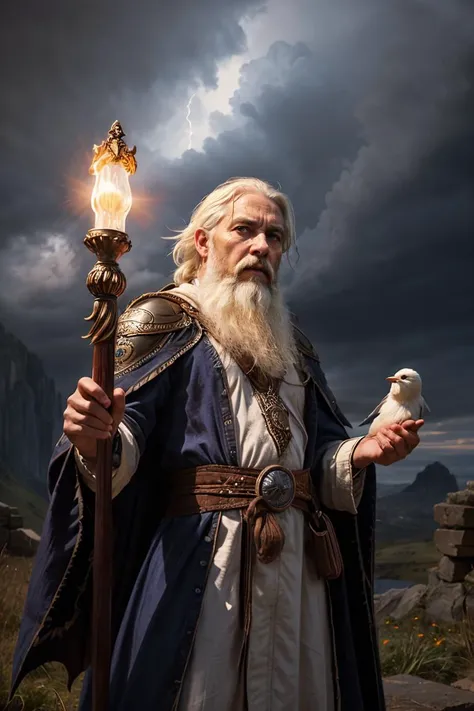 (dynamic pose:1.2),(dynamic camera),photo RAW,(1girl, cowboy shot of old wizard, white hair, beard, white tabard, staff, crow, storm,
), masterpiece, award winning photography, lighting, perfect composition, high detail, hyper realistic,dramatic lighting, ...