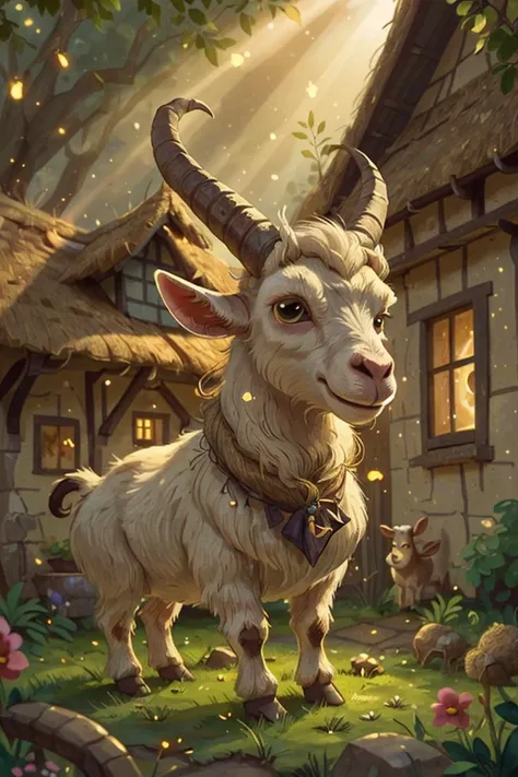 (close-up:1.3) goat, on A charming, sunlit English countryside cottage with a thatched roof, nature, (natural elements), (particle effects),glow sprite, with a glowing