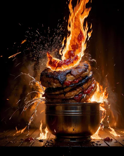 photo RAW,(breakfast,explosive splashes of fire,grilled, falling apart, oozing,photographic,photo shadows,hyper-realism,realistic), masterpiece, award winning photography, lighting, perfect composition, high detail, hyper realistic,dramatic lighting, epic