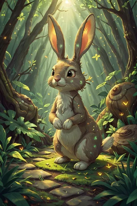 (close-up:1.3) rabbit, on A tranquil, sun-dappled forest path, nature, (natural elements), (particle effects),glow sprite, with a glowing