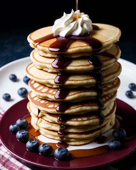 araffe pancakes with syrup and blueberries on a plate