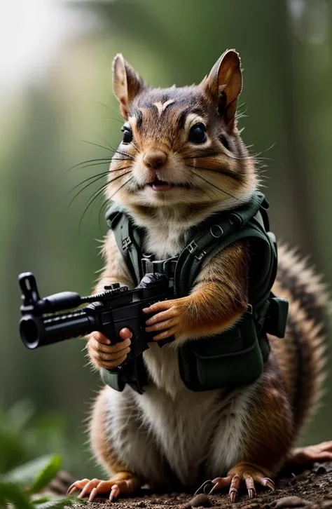 a mean looking  chipmunk  in a tactical vest, holding a rifle,  kkw-micro, kkw-ph1,   bright diffuse lighting, crepuscular rays, a dark forest background, shallow depth of field, sharp focus  <lyco:BetterGuns-V1:1>