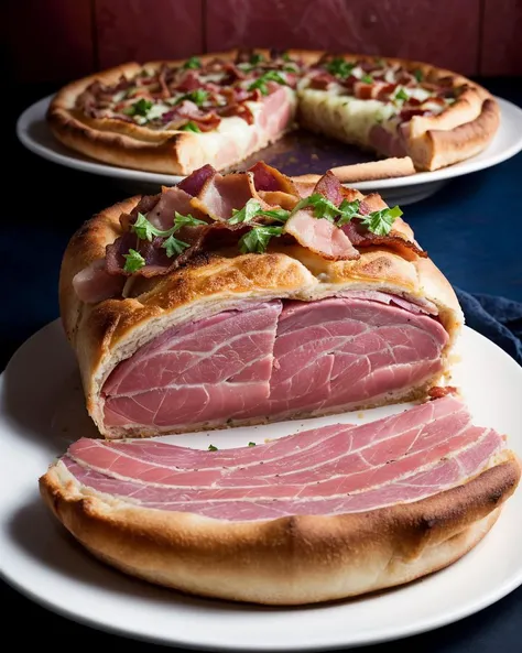 photo RAW,(Oxnard Ham En Croute served with Fetid Rutabaga and Bacon Pizza, Burgundy and dark_blue colors), masterpiece, award winning photography, lighting, perfect composition, high detail, hyper realistic,dramatic lighting, epic