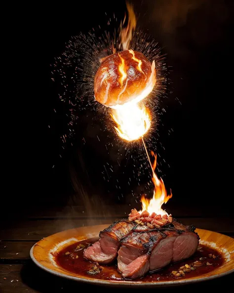 photo RAW,(twice cooked pork,explosive splashes of fire,grilled, falling apart, oozing,photographic,photo shadows,hyper-realism,realistic), masterpiece, award winning photography, lighting, perfect composition, high detail, hyper realistic,dramatic lightin...