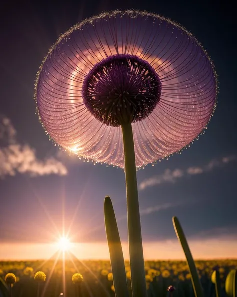 photo RAW,(a Allium with water drops is standing at the sun, in the style of beeple, dazzling chiaroscuro, romantic scenery, mikko lagerstedt, alex grey, selective focus, uhd image), masterpiece, award winning photography, natural light, perfect compositio...