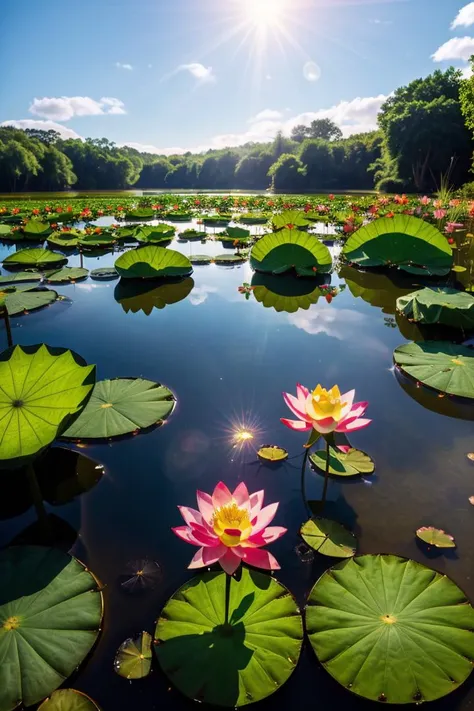 a close up of a pond with many water lilies in it