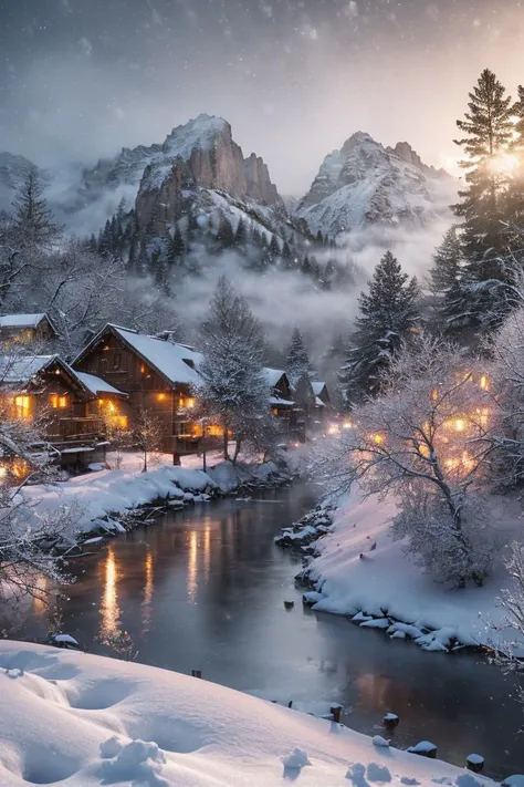 photo RAW,(Fantastically beautiful (winter snowstorm:1.3) mountain landscape with a river and flowers, wooden village, in the style of Jun Young Joon, photorealistic, 8k, very detailed, epic  background, nature, full shot, symmetrical, hyperrealistic, dyna...