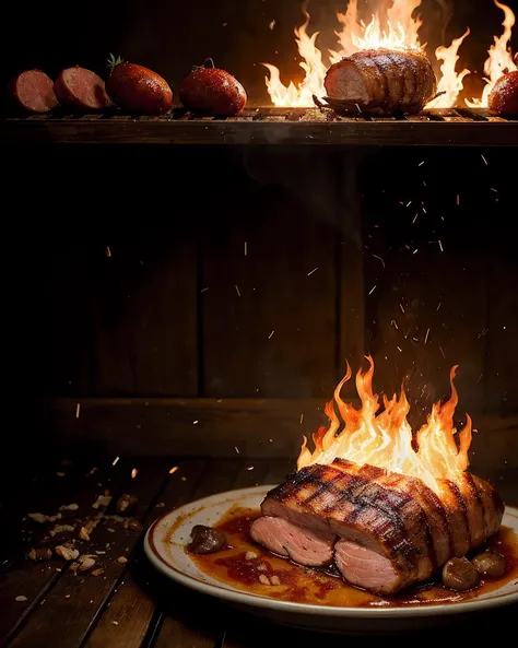 there is a plate of meat on a plate with flames in the background