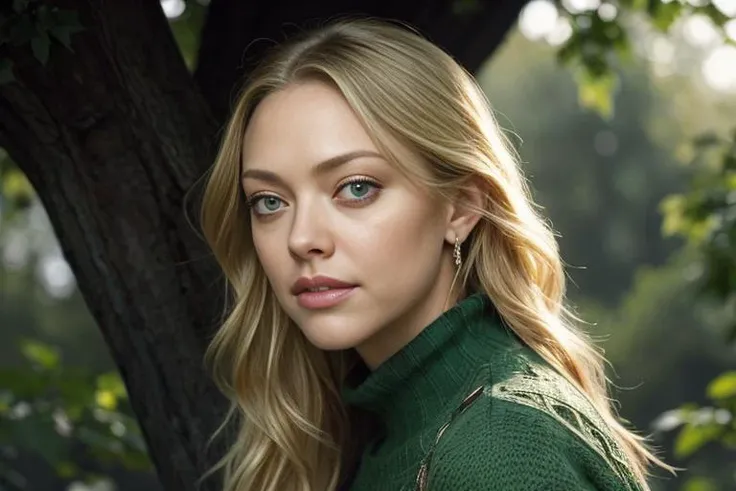 a 25 year old woman sitting on a tree branch in a park with her legs crossed and her head tilted back,looking to the side,amanda seyfried,portrait photography,a picture,american barbizon school masterpiece,best quality,intricate detail, photorealistic,8k, ...