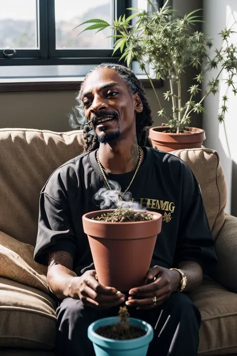 photo RAW,(Snoop Dogg smoking a joint, very happy, laughing, red squinted eyes, sitting on a couch, (hemp flower pot),relaxed and laid back, smoke in the whole room), masterpiece, award winning photography, natural light, perfect composition, high detail, ...