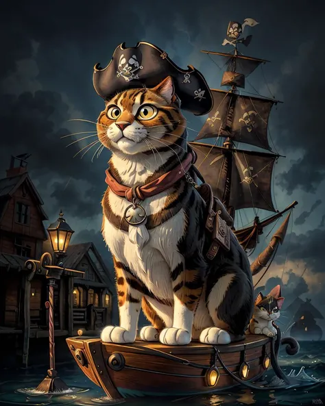 photo RAW,(a parott and a cat on a pirate boat with behind a stand by on ), masterpiece, award winning photography, lighting, perfect composition, high detail, hyper realistic,dramatic lighting, epic