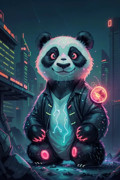 (close-up:1.3) panda, on A vibrant, neon-lit Dubai skyline at night, nature, (natural elements), (particle effects),glow sprite, with a glowing