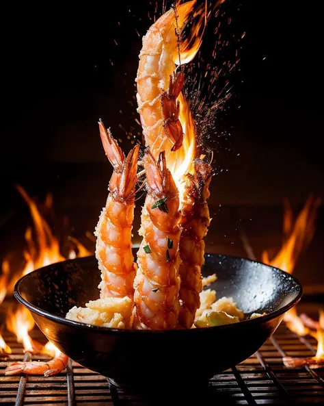 photo RAW,(shrimp tempura,explosive splashes of fire,grilled, falling apart, oozing,photographic,photo shadows,hyper-realism,realistic), masterpiece, award winning photography, lighting, perfect composition, high detail, hyper realistic,dramatic lighting, ...