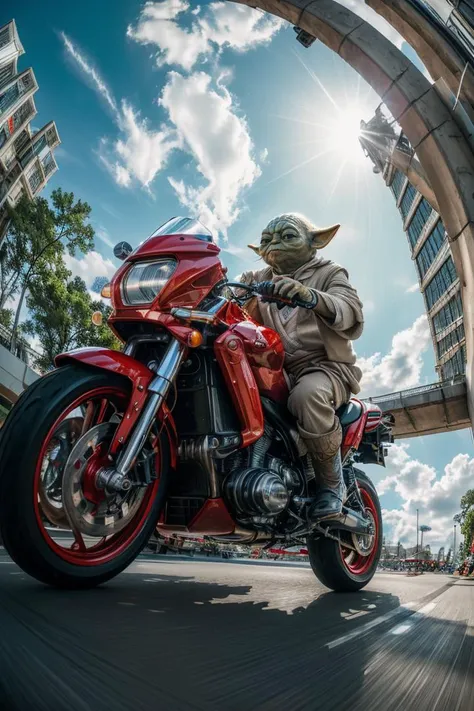 photo RAW,((dynamic pose:1.3),(dynamic camera:1.3),Master Yoda  riding on a red motorcycle,(16mm lens low wide-angle,(fish-eye:0.8)),(move noment:1.3)), masterpiece, award winning photography, lighting, perfect composition, high detail, hyper realistic,dra...