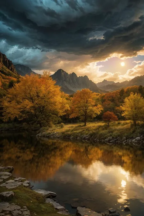 photo RAW,(autumn,mountains and a storm lake with a moon in the sky, old wooden slab home, 4k highly detailed digital art, 4 k hd wallpaper very detailed, impressive fantasy landscape, sci-fi fantasy desktop wallpaper, 4k wallpaper, 4k detailed hdr photogr...