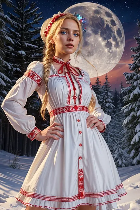 (dynamic pose:1.2),(dynamic camera),photo RAW,(1girl, cowboy shot of beautiful blonde lady, hands on hips, blue eyes, white dress with red ornate frills, braid, kokoshnik headwear with glowing star symbol, winter, forest, night, moon crescent
), masterpiec...