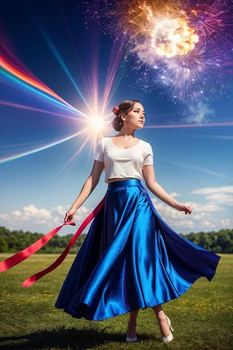 photo RAW,(1girl in Satin midi skirt and a knit top, dynamic angle, (Ribbons splash colorful art), [(art by Arthur Dove:0.7)|art by Lyubov Popova], full shot of a Captivating Amish Male Silk weaver, Cel shaded, Velvia, (explosion Ribbons), official art, (c...